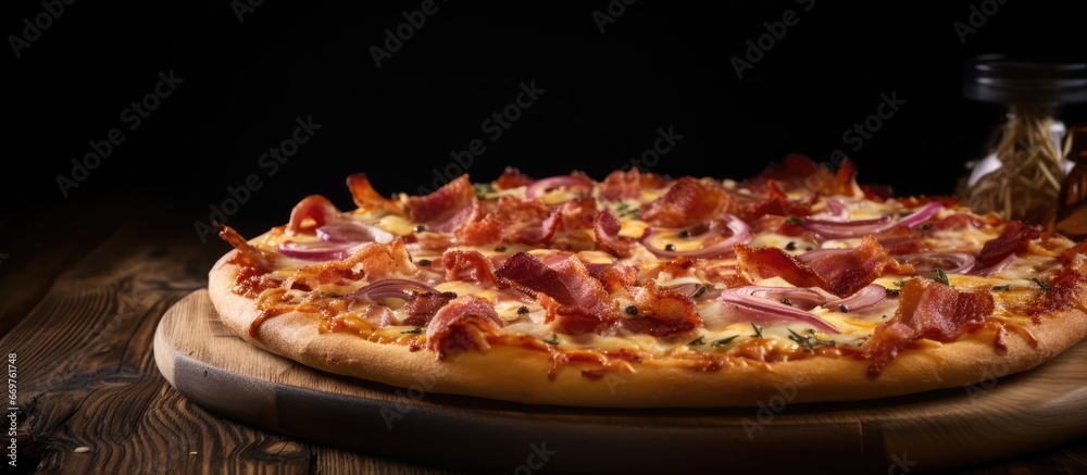 Tasty bacon pizza with onion on table