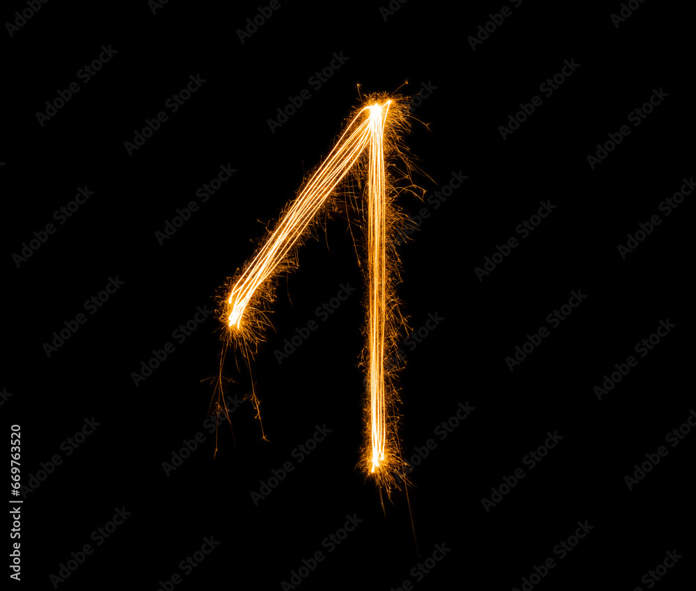 Fireworks numbers 1 Burning sparkler Numbers isolated on black background. Sparkler firework light alphabet 1 and number one. Numbers Alphabet of Sparklers