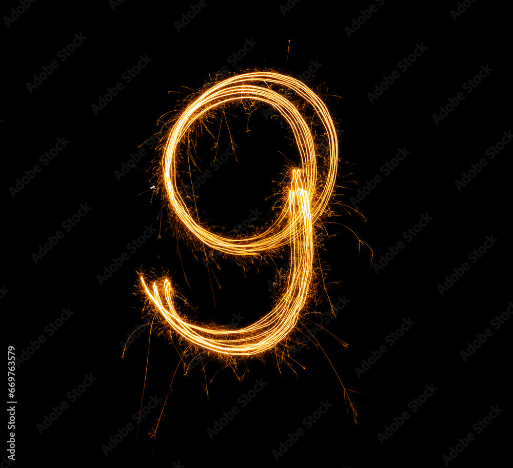 Fireworks numbers 9 Burning sparkler Numbers isolated on black background. Sparkler firework light alphabet 9 and number nine. Numbers Alphabet of Sparklers