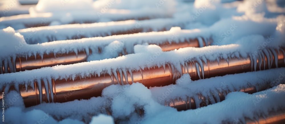 Winter close up of ground heating pipes with frost