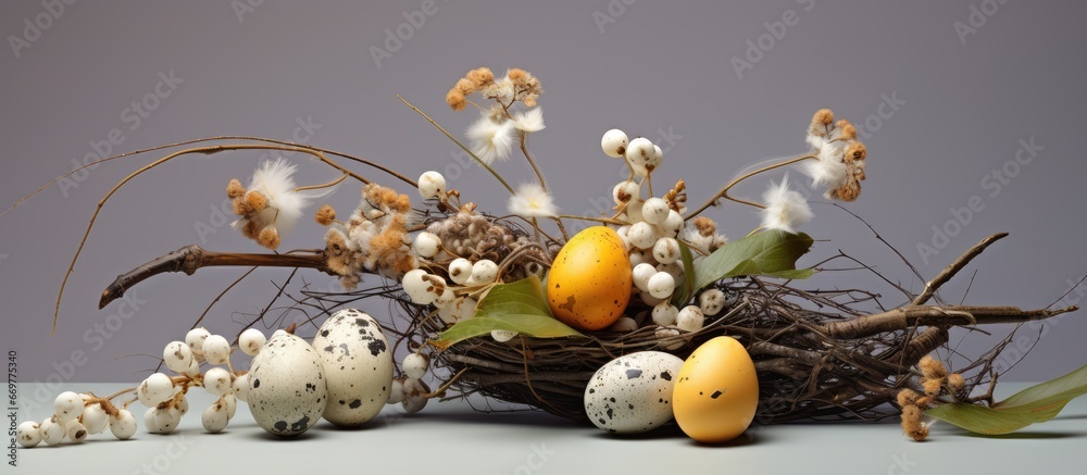 Easter arrangement with quail eggs and willow branches