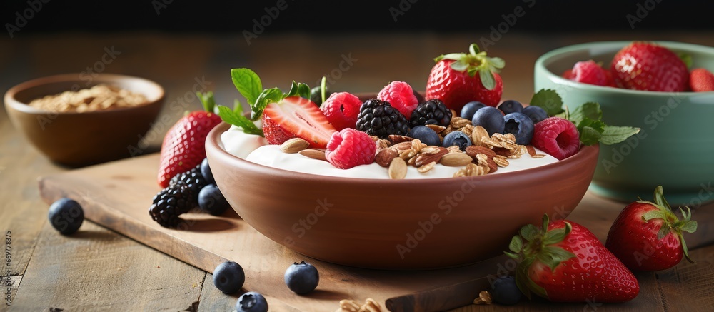 Yummy and nutritious cereal with strawberry yogurt dried fruits nuts and grains