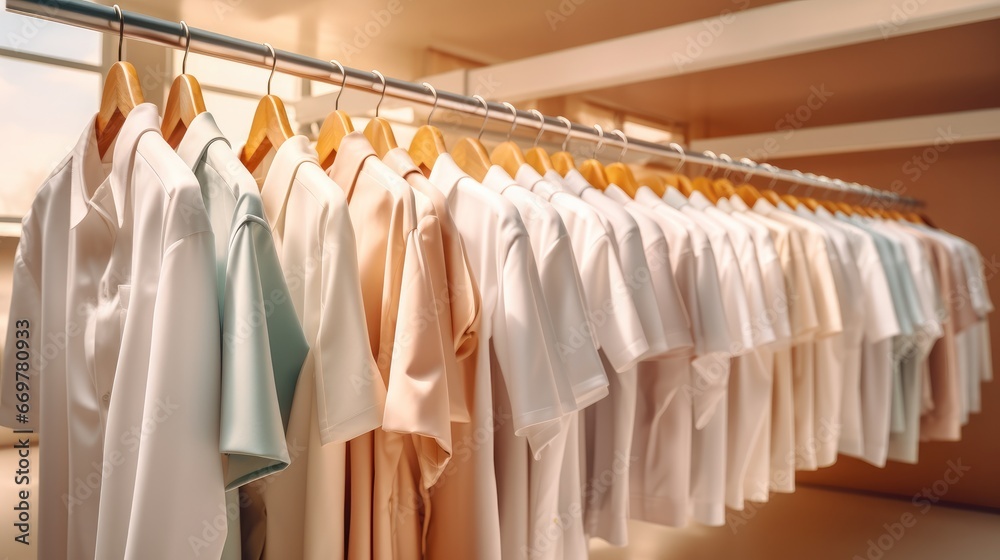 Fashion clothing on hangers in a clothing store.