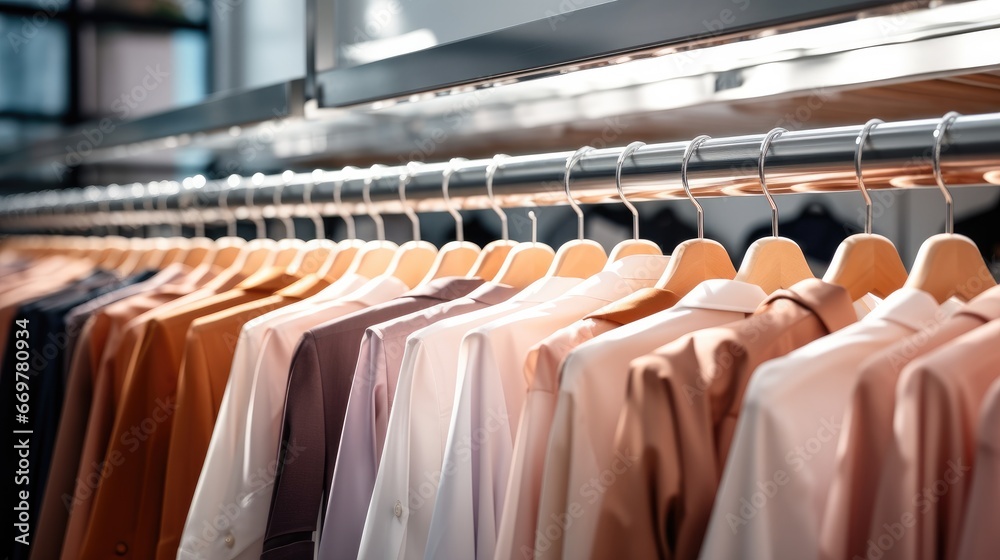 Fashion clothing on hangers in a clothing store.