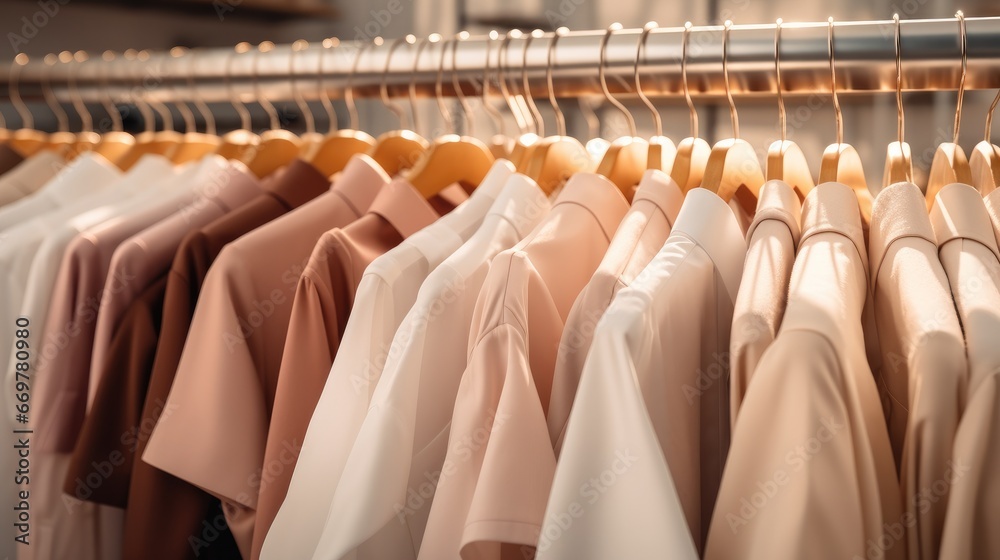 Fashion clothing on hangers in a clothing store.