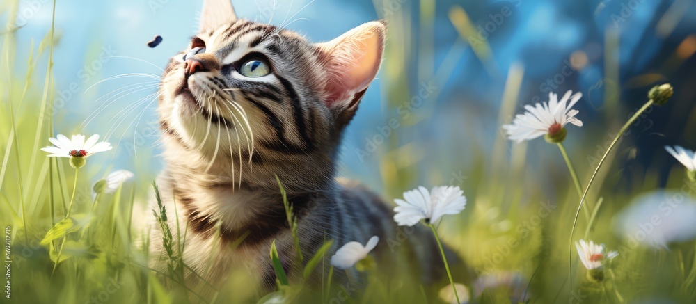 Cute striped cat in grassy meadow gazes at a beautiful blue butterfly on a sunny summer day