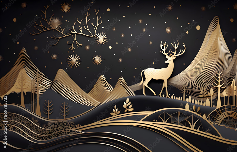 3d modern art mural wallpaper with dark blue and golden wave background. mountains, golden deer and birds. gold on a dark blue backdrop background