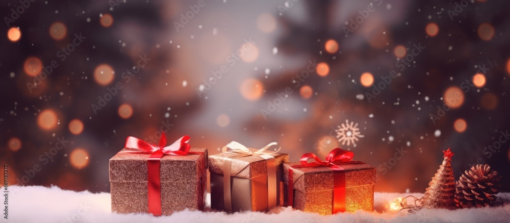 Christmas gift boxes with festive decorations and a snowy background capturing a joyful holiday atmosphere