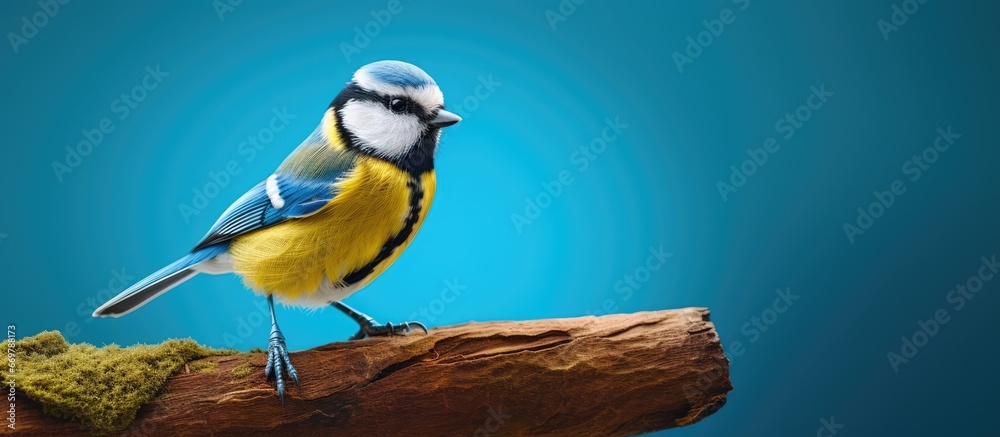 Blue tit cyanistes caeruleus against a blue backdrop