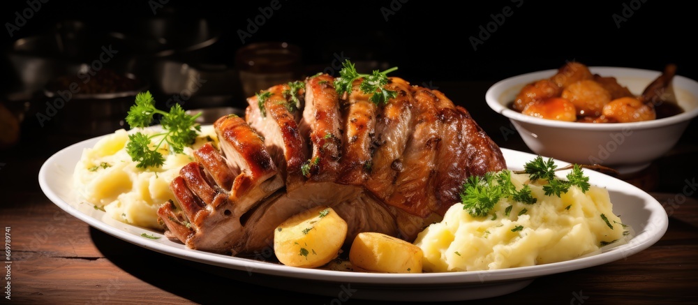 Delicious German pork dish with dumplings and pretzel