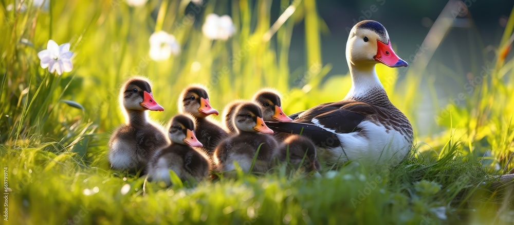 Muscovy duck and its ducklings graze on the farm displaying maternal care