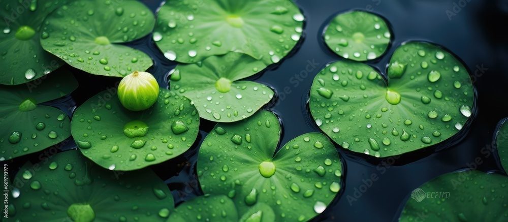 Lotus leaves with dew drops in pond