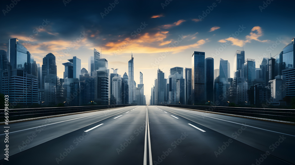 Empty road of a modern city with skyscrapers