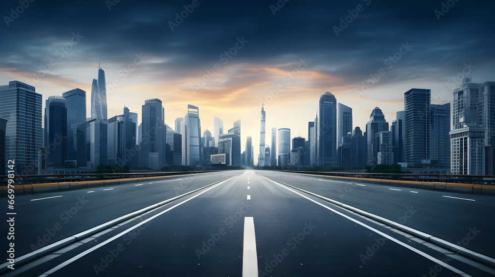 Empty road of a modern city with skyscrapers