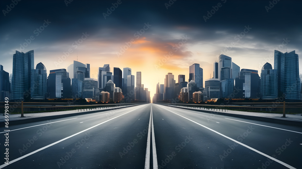 Empty road of a modern city with skyscrapers