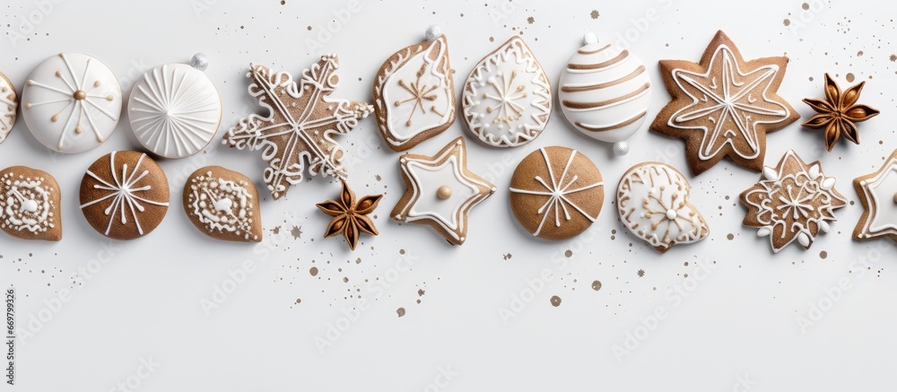 Gingerbread cookies with white glaze stylishly decorated for holidays