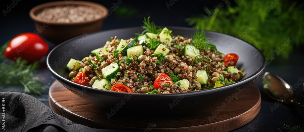 Salad with quinoa lentils and cucumber