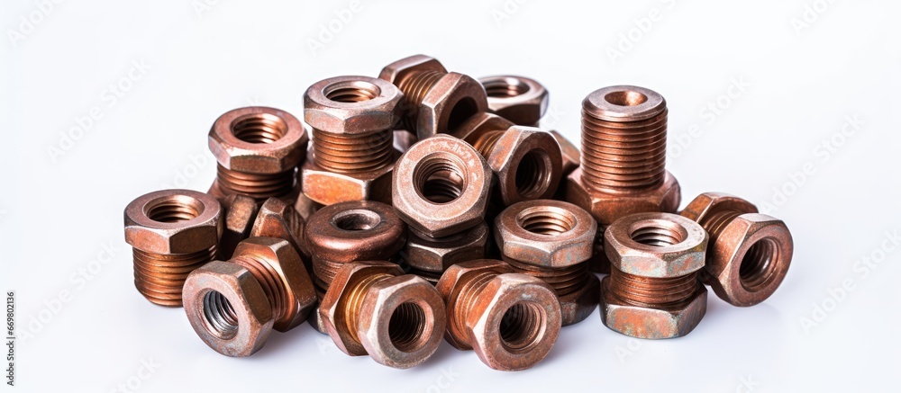 Rusty locker nuts on white backdrop