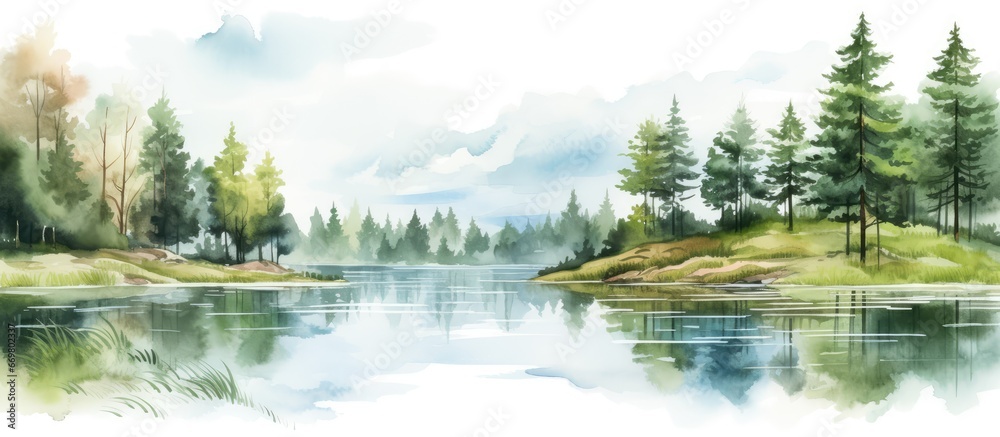 Watercolor forest landscape with lake hand drawn