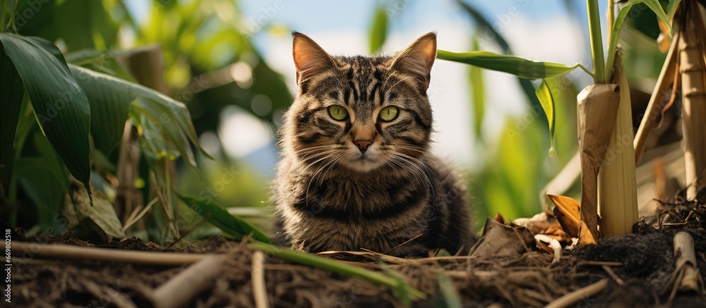 A feral feline perched in an Indonesian farmland garden