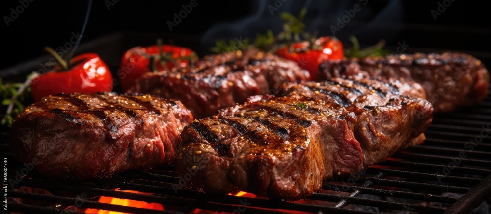 Grilling beef steak on BBQ