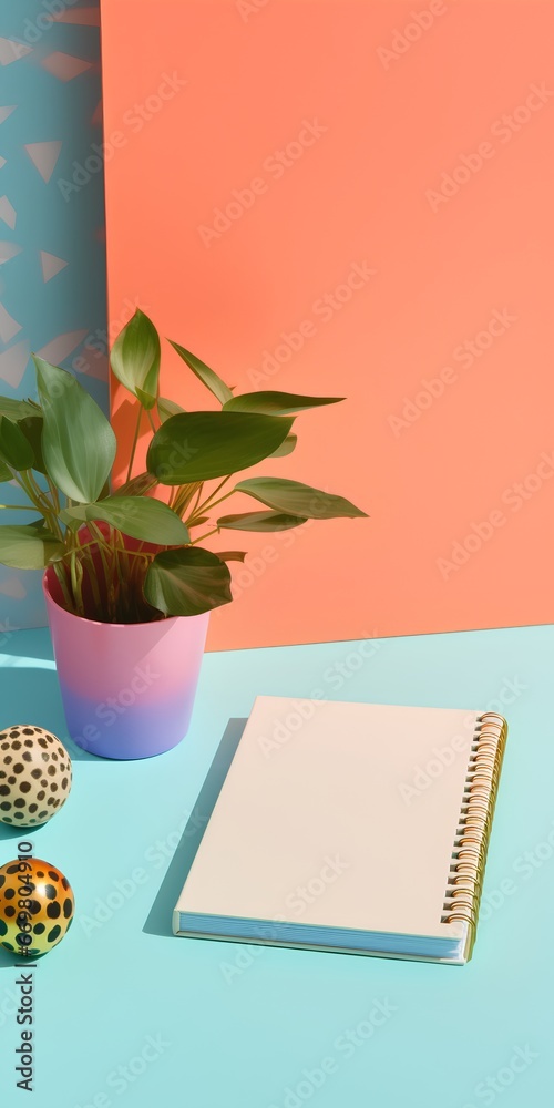 A notebook with a 90s inspired design sits on a neutral background with copy space. The designs vibrant colors evoke a sense of nostalgia, while its clean, minimalist layout keeps it contemporary.