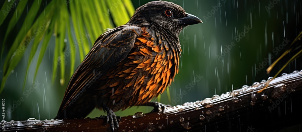 The crow pheasant on bamboo tree after rainfall