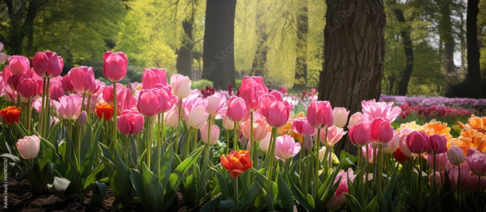 German garden filled with tulips blooming