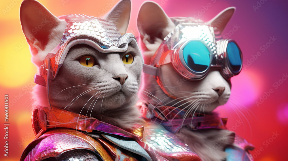 Futuristic cyber cats with fashionable clothes and accessories