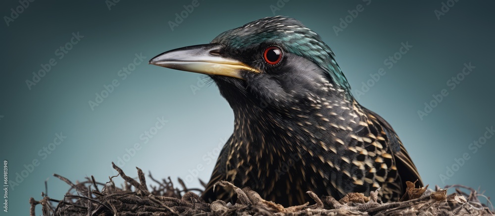 European starling at nest entrance with nesting material