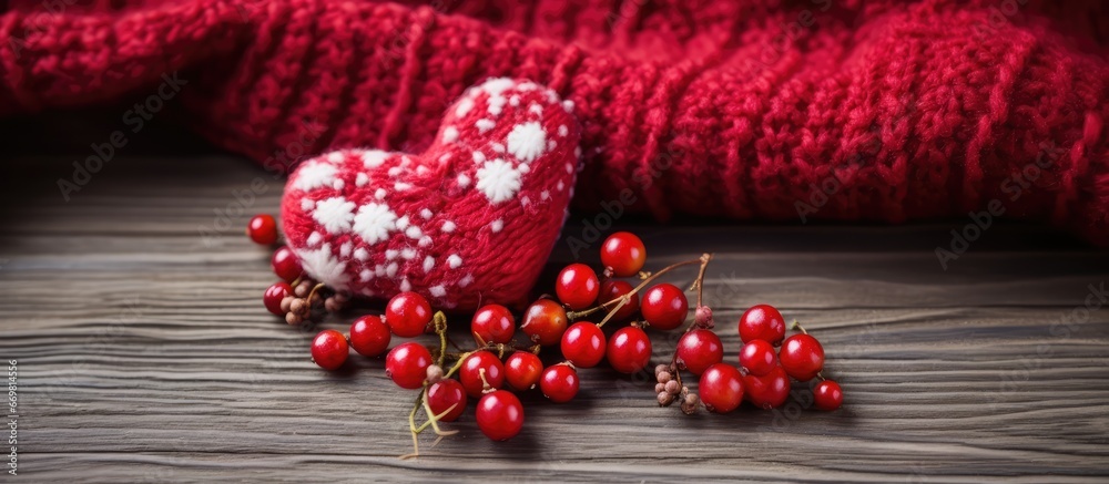 Enjoy the seasons of autumn and winter with heart berries warm clothing accessories textiles knitwear mittens celebrations like Valentines Day Christmas and New Year weather cold rustic and