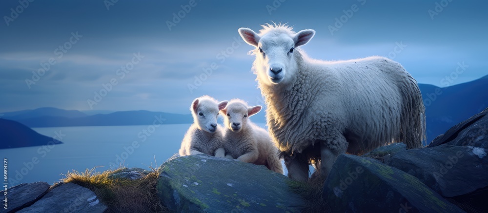 Lofoten in Norway the midnight sun and a mother sheep with two lambs climbing a rock during the white night