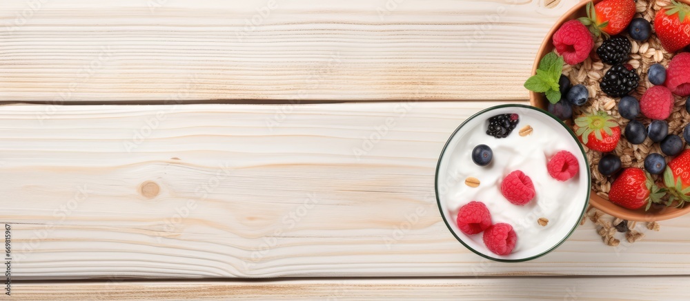 Various ingredients for muesli and yogurt arranged in a transparent bowl on a wooden table Overhead view