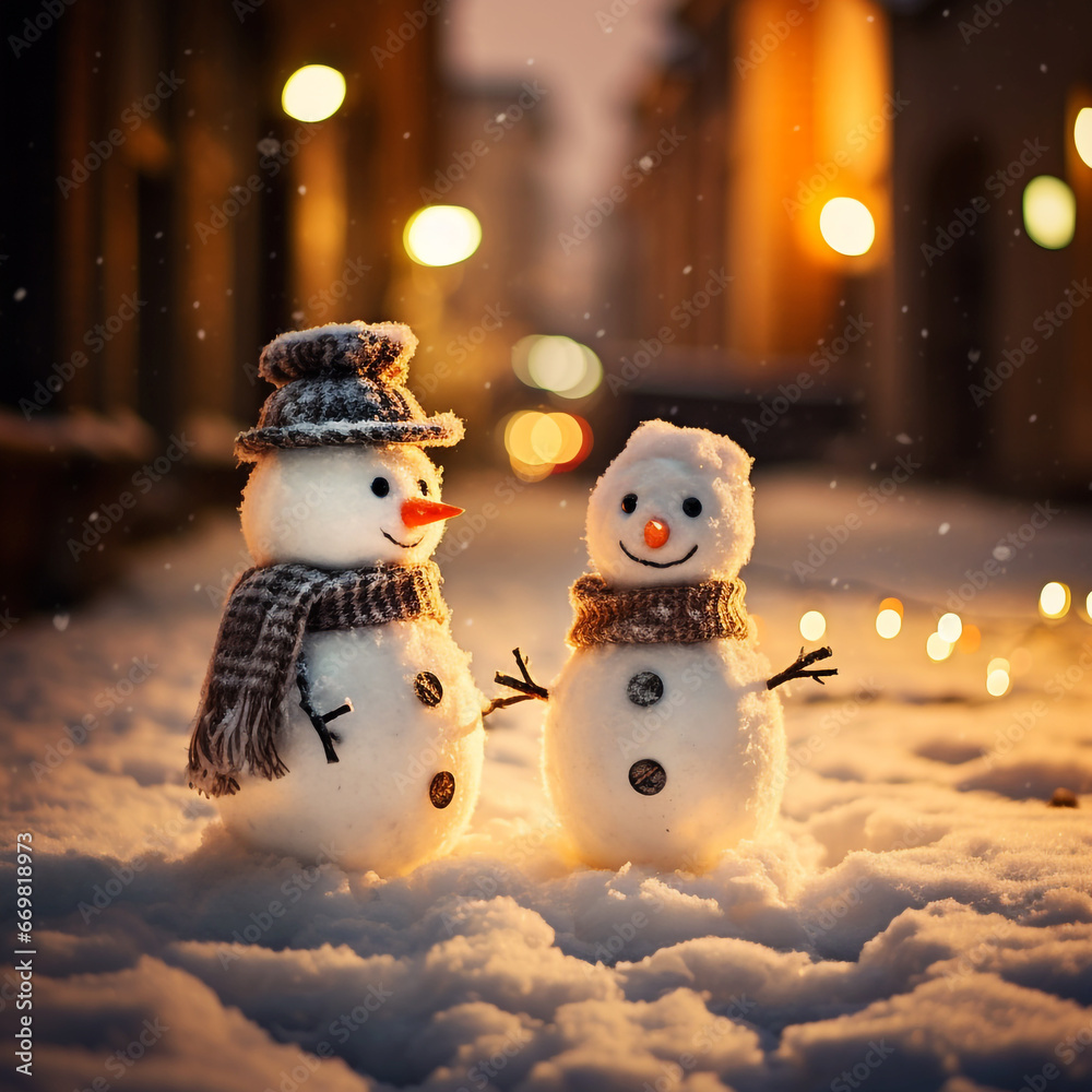 Happy cute snowmen with scarf and hat in an old town