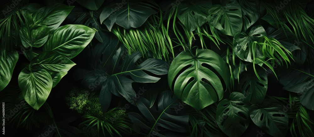 Abstract jungle background formed by tropical greenery leaves