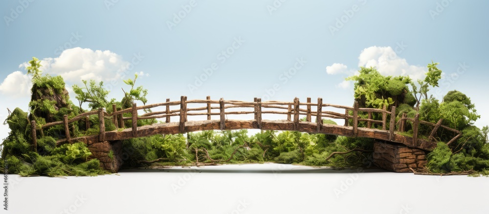 Vegetation engulfed wooden bridge in perspective