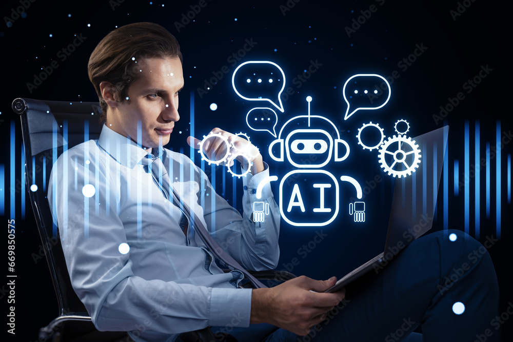 Attractive european businessman sitting with laptop and creative glowing robot ai hologram on blurry background. Automated machine learning, artificial intelligence and conversation assistant concept.