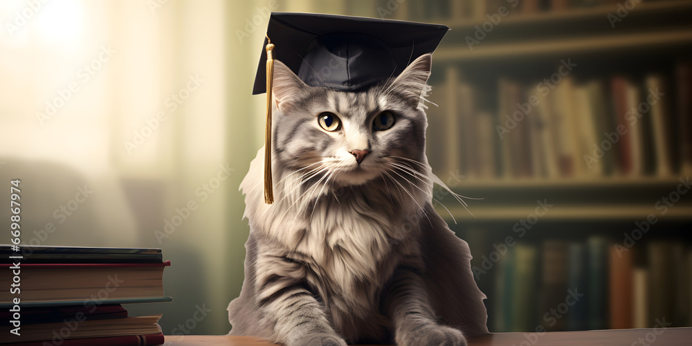 A cat wearing a graduation hat in a library