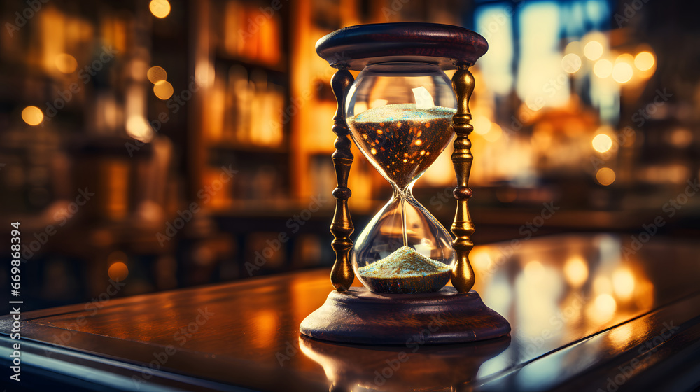 hourglass on the table, A close - up of an antique hourglass on a library desk, representing the passage of knowledge. vintage style,