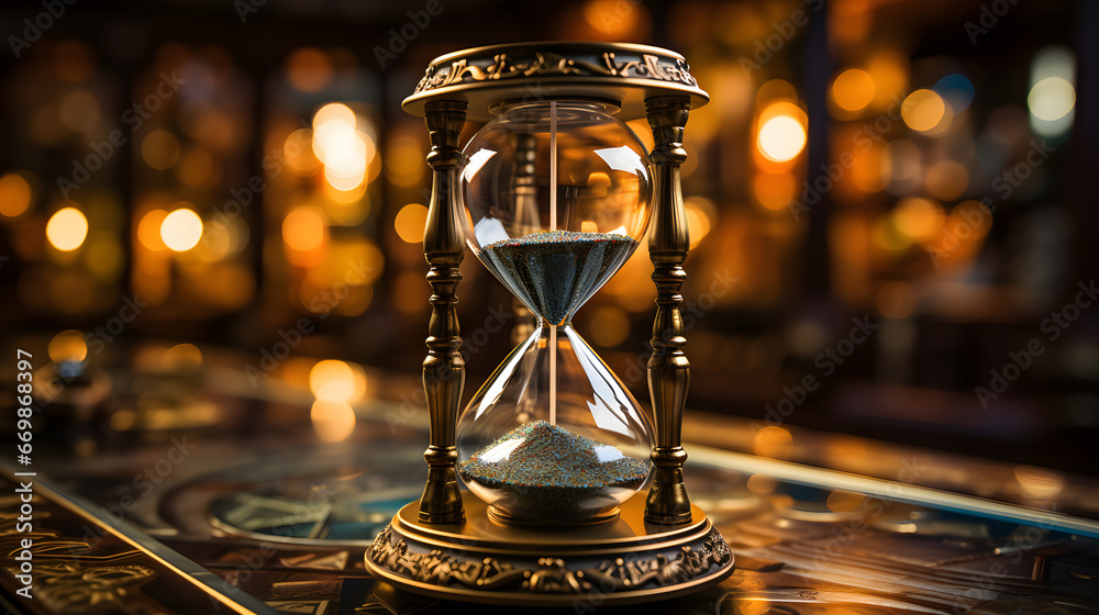 hourglass on the table, A close - up of an antique hourglass on a library desk, representing the passage of knowledge. vintage style,