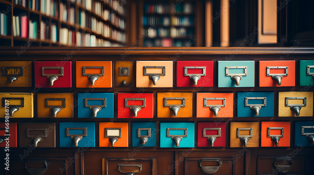 A library card catalog with drawers full of information.