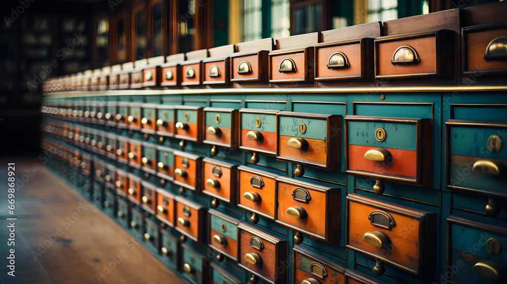 A library card catalog with drawers full of information.