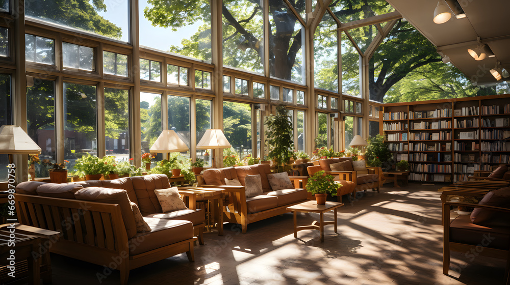 A library interior with large windows and reading chairs. Classical library room with old books on shelves. Bookshelves in the library. Large bookcase with lots of books.	 