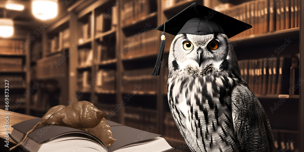 a owl wearing a graduation hat in a library