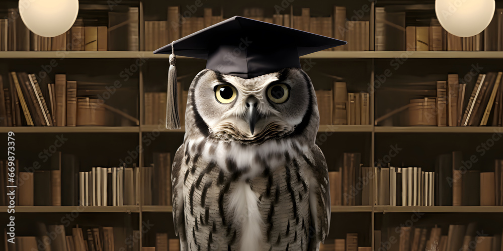 a owl wearing a graduation hat in a library