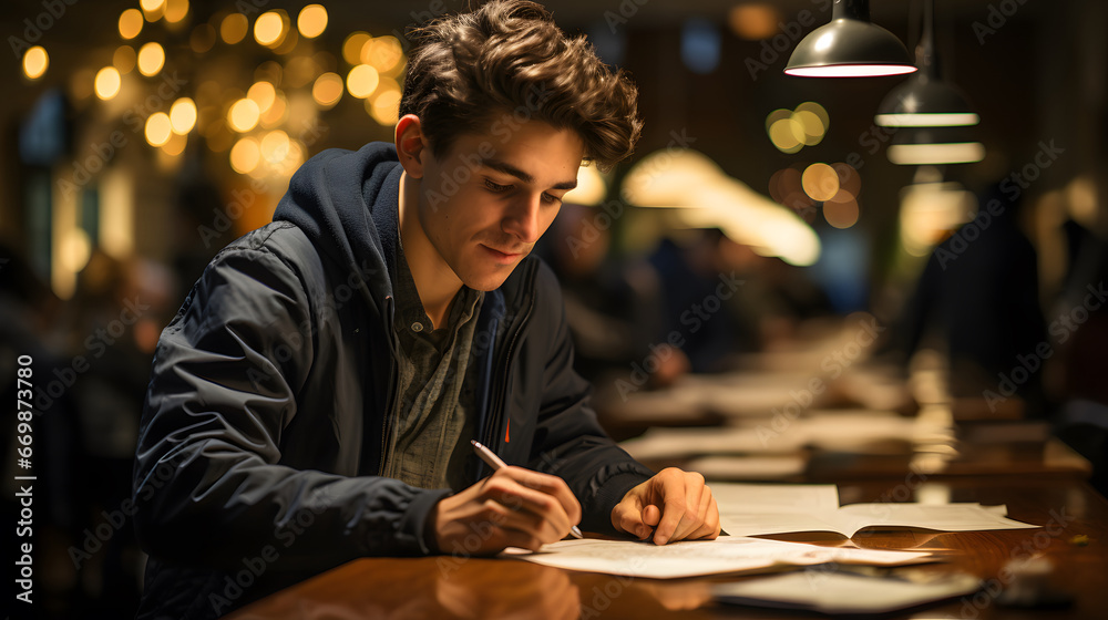 a male student is browsing the selection of books in the library