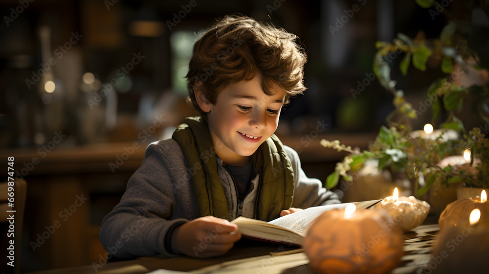 an elementary school boy is reading a book in the library