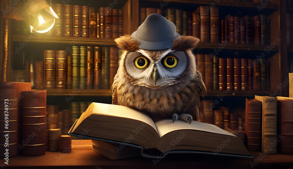 owls reading a book in a library