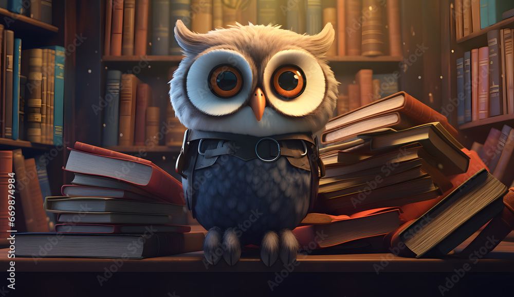 owls reading a book in a library