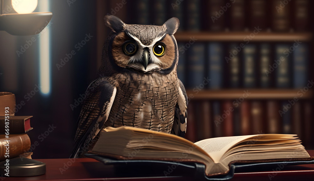 owls reading a book in a library